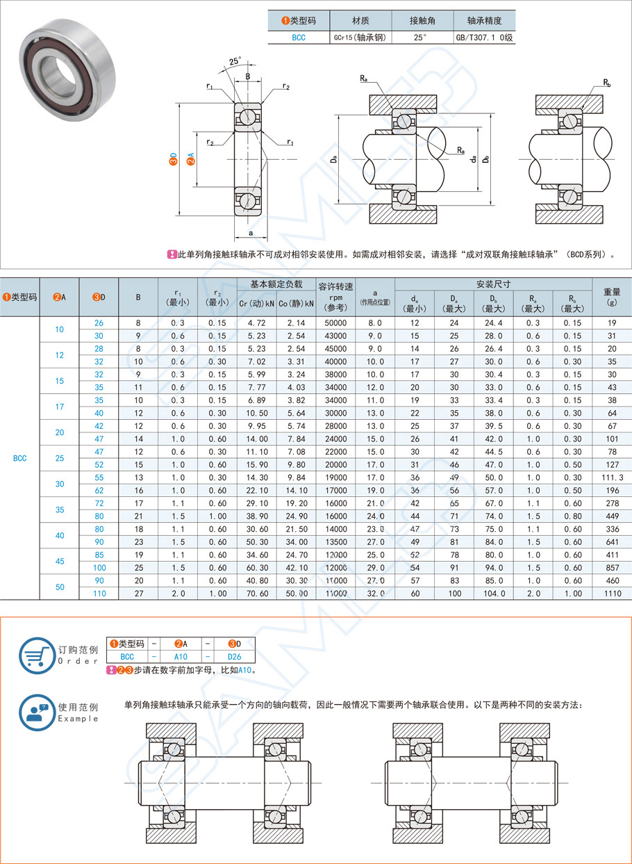 單列角軸承,接觸球軸承